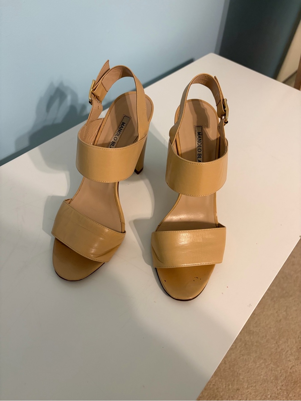 Manolo Blahnik Beige Leather Wide-Strap Slingback Heels
